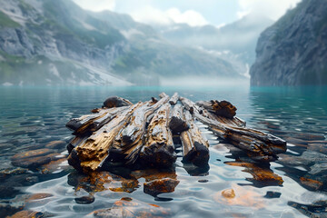 Sticker - Tranquil Mountain Lake Reflected in Ethereal Driftwood Formations with Minimalist Aesthetic