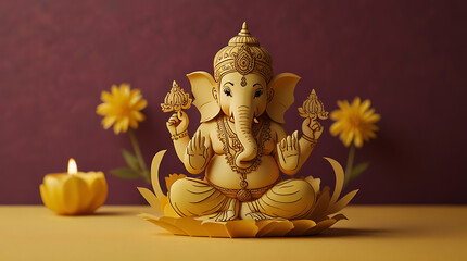 Wall Mural - A paper cut out of Lord Ganesha on a plain yellow background with copy space, eco-friendly Ganpati visarjan concept, hindu god
