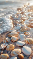 Wall Mural - Windswept Coastal Seascape with Intermingled Pebbles and Shells in Muted Pastel Tones