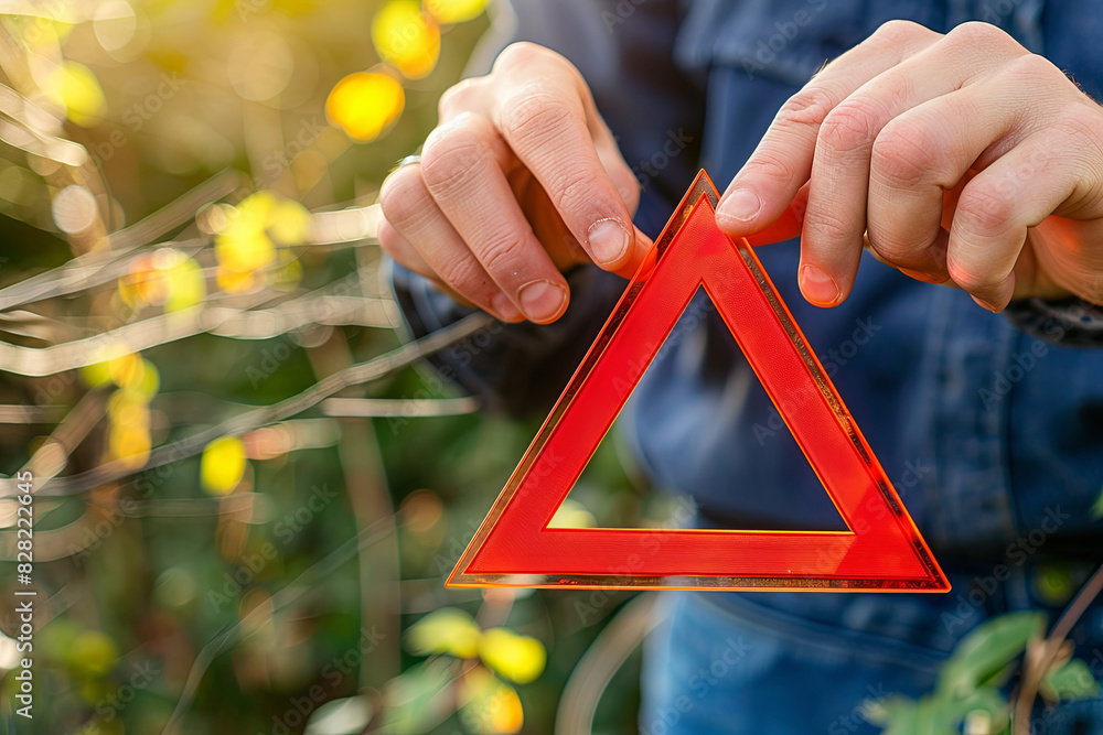 Warning Triangle Hand Hand showing red triangle caution sign, warning of maintenance issues ...