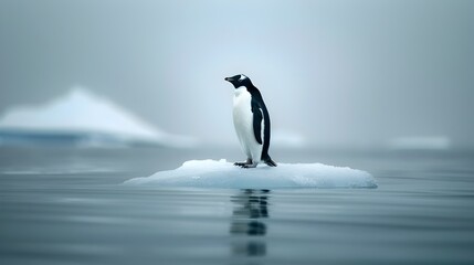 Penguin Standing Alone on Melting Ice Patch in Antarctic Ocean