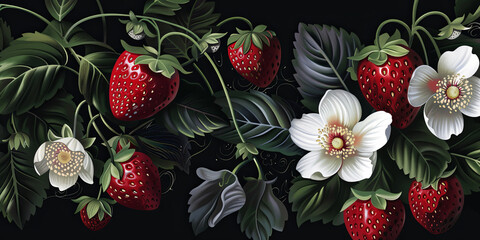 Wall Mural - strawberries and white flowers, generative AI