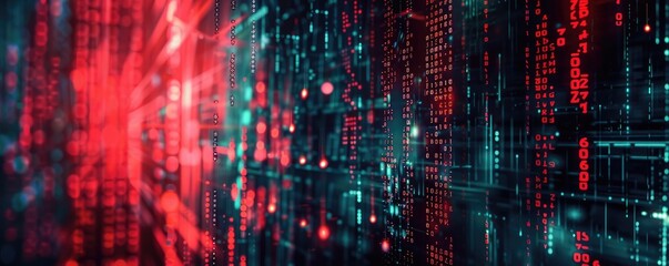 Digital binary code flows in streams, symbolizing data, cyber security, and information technology.