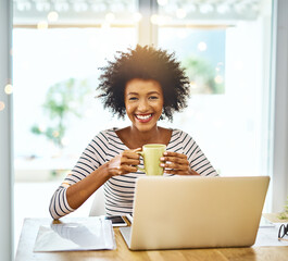 Poster - Woman, happy and portrait for remote work on laptop with paperwork, coffee and information for project as developer. Smile, female person and notebook, email and schedule for company proposal