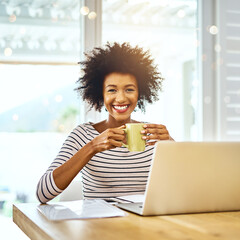 Poster - Happy, woman and portrait for remote work on laptop with paperwork, coffee and information for project as developer. Smile, female person and notebook, email and schedule for company proposal