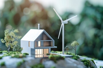 Miniature of a minimalist house, tall wind turbine, green energy concept. Modern eco dwelling: house model on land with clean energy and sustainability