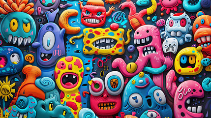 Wall Mural - Colorful poster design with a collage of cartoon characters and creative elements