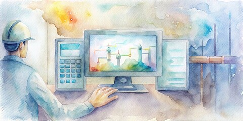 Computer screen displaying data from Scada system with working hands, done in watercolor