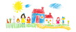 © SJarkCube - Naive children's drawing with colored chalk on white paper, made by hand by a child, family and a house with adorable pets, isolated on white background