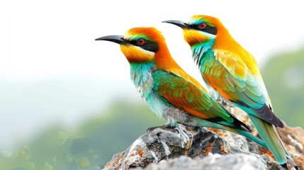 Two Beautiful Bee-Eaters Perched On A Rock. These Birds Are Found In Europe, Africa, And Asia.