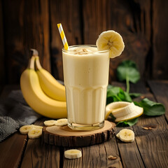 Wall Mural - Fresh made Banana smoothie on wooden background