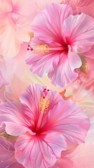 Wall Mural - Vibrant Pink Hibiscus Flower Blossoms in Vertical Symmetrical Composition