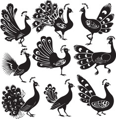 Wall Mural - Set of Peacock black silhouette