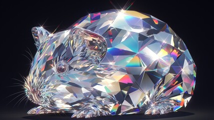 Shining 3D Hamster Sculpture Made of Clear Silver Diamond, Translucent and Bright. Black Background with Diamond Texture. High Resolution, Detailed Texture, Sparkling Effect. Vivid Colors, Like Glowin