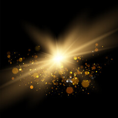 Wall Mural - Star burst with sparkles. Light effect. Gold glitter texture.