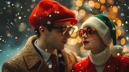 Poster - Man and woman - couple - Classic Christmas - vintage vibe - retro feel - Holiday - festive clothing 