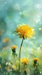 Wall Mural - Vibrant Yellow Dandelion Blossoms Flourishing in Lush Spring Meadow with Blurred Soft Light Background