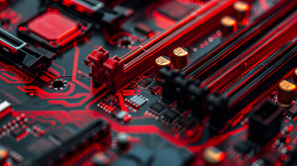 Wall Mural - A high-resolution image of a motherboard with vibrant red and gold traces.