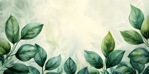 Wall Mural - Green botanical banner with tropical leaves on watercolor background abstract floral design. Concept Tropical Leaves, Green Botanical, Watercolor Background, Floral Design, Abstract Art