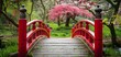 © TigerDude - Red Japanese bridge in the park, springtime, green grass and blooming trees, peaceful garden setting, traditional red wooden arches