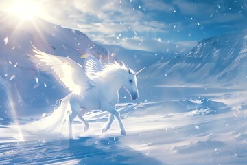 Render a majestic Pegasus soaring over a snowy Arctic landscape, its ethereal holographic wings shimmering in the cold sunlight