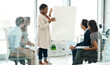 © peopleimages.com - Woman, presentation and people in boardroom meeting, business planning and white board demonstration. Presenter, company and goals or idea with strategy, collaboration with professional for project