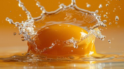 A close-up photograph of an egg yolk splash, capturing the moment when the yolk breaks and spreads out. The minimalist background emphasizes the dynamic and fluid nature of the yolk, creating a sense