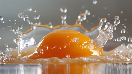 A close-up photograph of an egg yolk splash, capturing the moment when the yolk breaks and spreads out. The minimalist background emphasizes the dynamic and fluid nature of the yolk, creating a sense