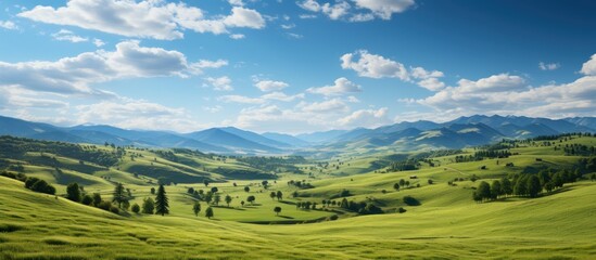 Wall Mural - green grass field on hills and blue sky