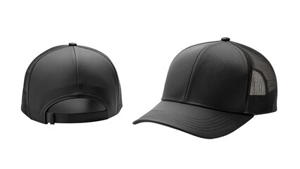Wall Mural - Black Baseball Cap Mockup - Front and Back View isolated PNG on transparent background