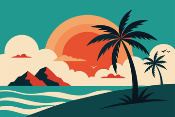 Wall Mural - Tropical island paradise. Vintage poster background with palms and sea waves vector