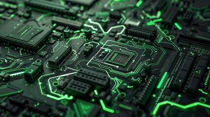 Wall Mural - An intricate motherboard design with glowing green pathways.