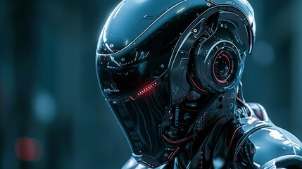 A futuristic robot with glowing red eyes, The man is wearing a blue lighted helmet and a jacket with orange details 3d rendering.