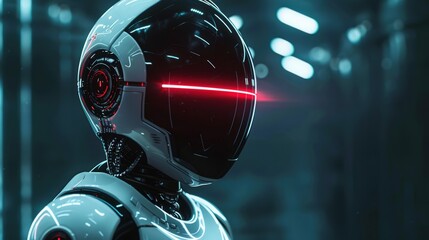 A futuristic robot with glowing red eyes, The man is wearing a blue lighted helmet and a jacket with orange details 3d rendering.