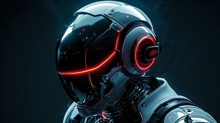 A futuristic robot with glowing red eyes, The man is wearing a blue lighted helmet and a jacket with orange details 3d rendering.