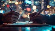 © AI Studio - Close-up of male hand using pen to write on notebook or letter paper, diary on desk in office. Blurred urban city lights through office window.