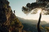 Fototapeta Uliczki - Adventure climber at sunset in mountains. Epic landscape for outdoor, travel, motivation, freedom concept