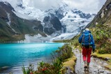 Fototapeta Uliczki - Pristine Alpine Lake Adventure with Backpacker on Trail