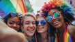 © Phrompas - Group of friends celebrating at a vibrant street festival with colorful outfits, rainbow flags, and joyful smiles,in PRIDE month
