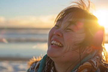 Wall Mural - Face of a person is blocked out as they stand on a beach during sunset, adding a sense of mystery