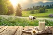 © kardaska - A serene rural scene with a cow next to a fresh glass of milk on a wooden table overlooking a landscape