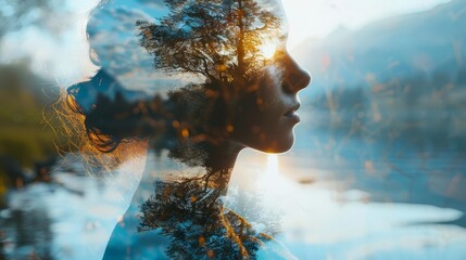 double exposure of a tranquil lake reflecting a womans portrait, illustrating the calm and reflectiv