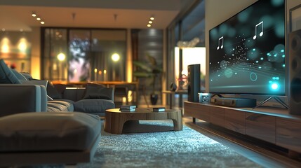 A home theater system with hologram notes projecting from the speakers in a cozy living room