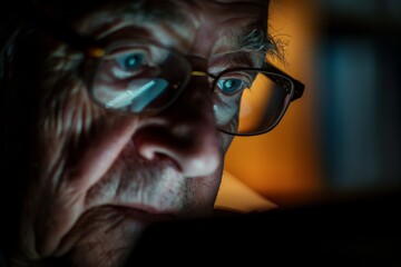 Partial view of an individual with glasses, emphasizing eye focus and reflection