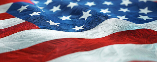 Close-up of a high-resolution 3D rendering of the stars and stripes of the USA flag, emphasizing the fine craftsmanship and vibrant colors for Independence Day celebrations.