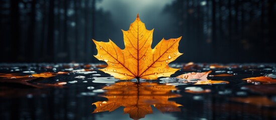 maple leaf on a dark autumn water in the river