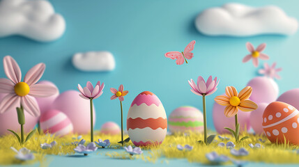 Wall Mural - there are many easter eggs in a field with flowers and butterflies