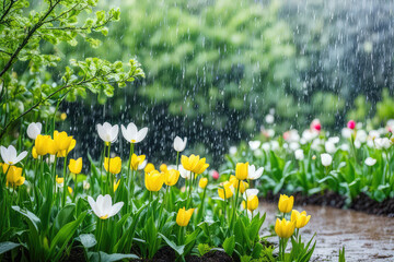 Wall Mural - spring rain in blooming garden, concept freshness nature weather seasonal background