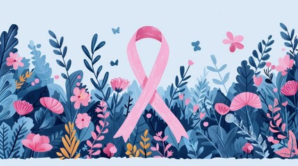 Pink ribbon surrounded by flowers symbolizing breast cancer awareness and support, with a soft pastel background. Health and wellness concept.