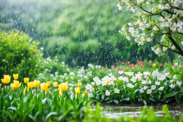 Wall Mural - spring rain in blooming garden, concept freshness nature weather seasonal background